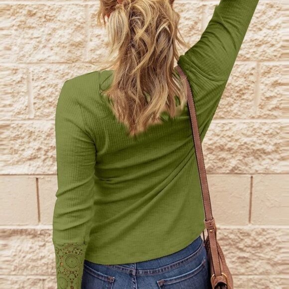 Basic Henley Lace Crochet Long Sleeve Blouse Casual Green Ribbed Knit Size Large - Picture 4 of 8